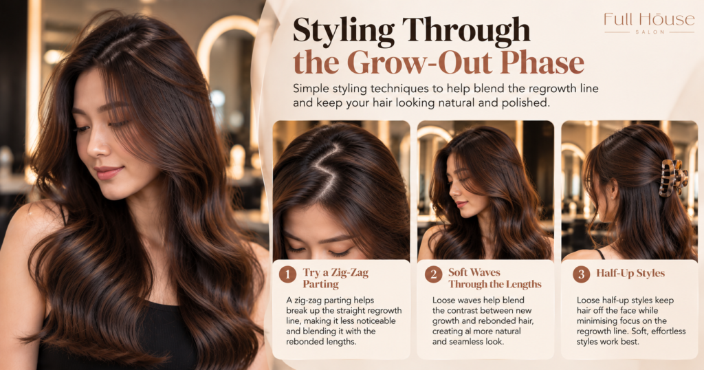 Styling rebonded hair through the grow-out phase with soft waves through the lengths