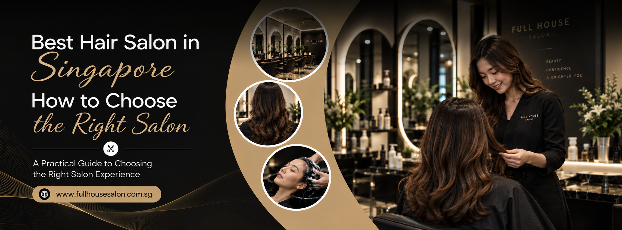 Best hair salon in Singapore guide featuring a stylist, salon interior and hair services